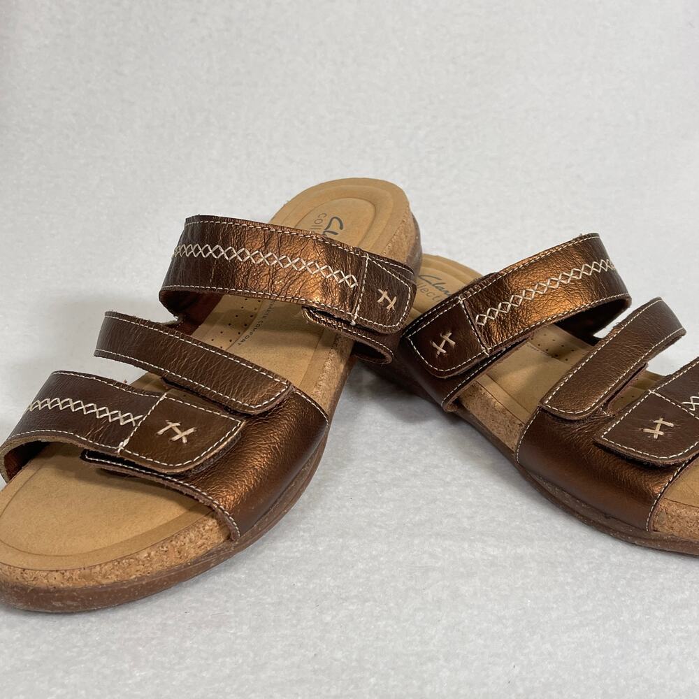 Clark’s Sandals Women’s 10 Brown Cushion Comfort Slip On Slides Adjustable